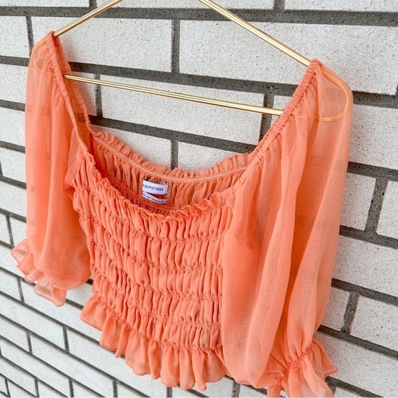 Urban Outfitters Sierra Smocked Sheer Puff Sleeve Crop Top M Peach Cottagecore - Picture 4 of 13